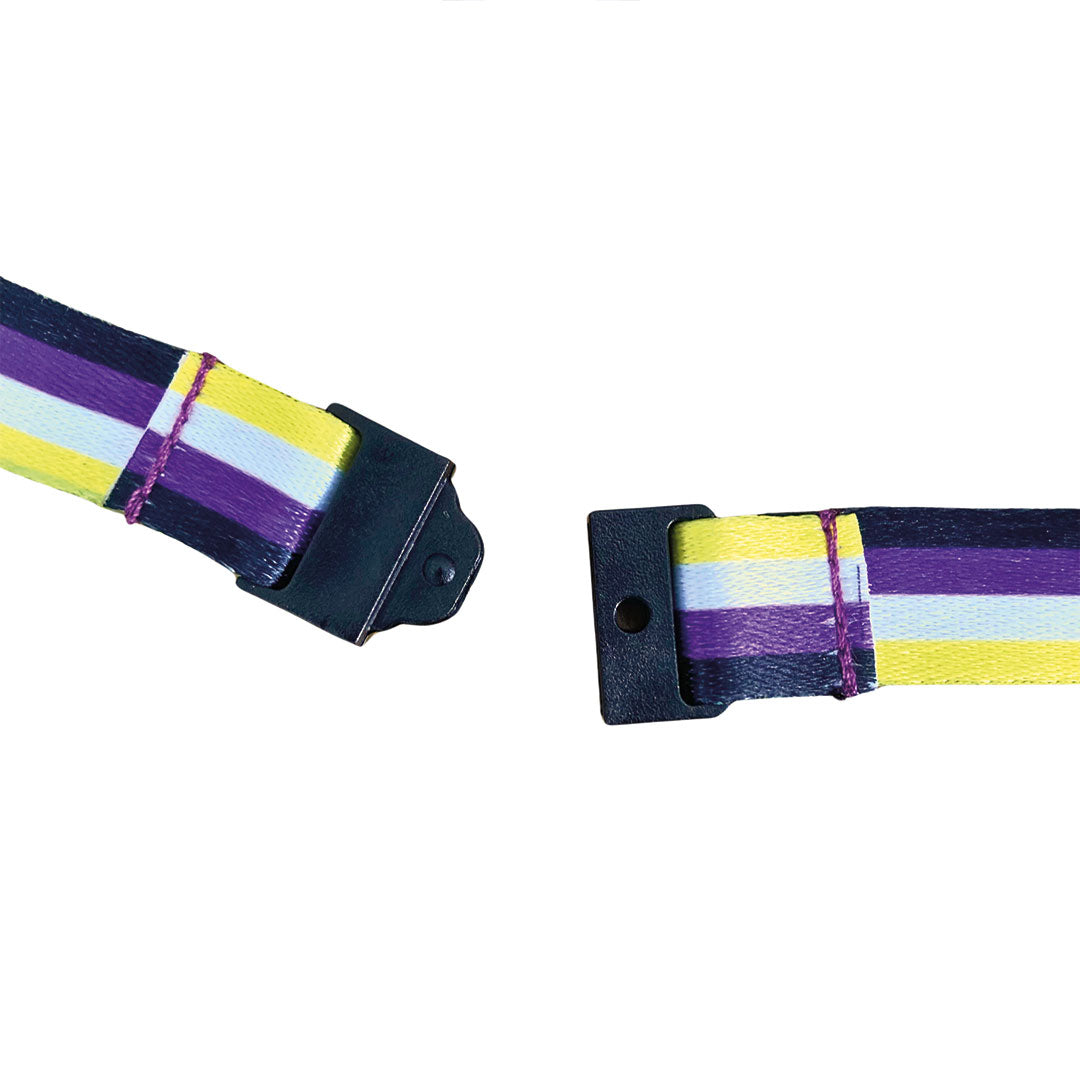Close up of the safety break on a lanyard in the colours of the non binary flag.