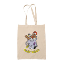 Load image into Gallery viewer, Natural tote bag featuring retro text reading &#39;cosy vibes&#39;. The image shows a mug of hot chocolate with marshmallows and a gingerbread man wearing a Santa hat. A candy cane in the mug and lights around the mug are the colours of the non binary pride flag.