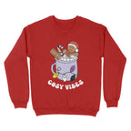 Fire Red sweatshirt featuring retro text reading 'cosy vibes'. The image shows a mug of hot chocolate with marshmallows and a gingerbread man wearing a Santa hat. A candy cane in the mug and lights around the mug are the colours of the non binary pride flag.
