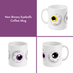 A composite image of a white coffee mug with a cartoon eyeball design in Non Binary pride flag colours.