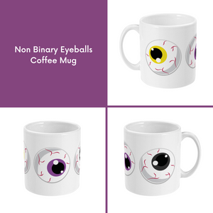 A composite image of a white coffee mug with a cartoon eyeball design in Non Binary pride flag colours.