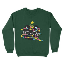 Load image into Gallery viewer, Bottle green sweatshirt featuring a festive black cat wrapped in pansexual pride-themed Christmas lights with a star on its head.