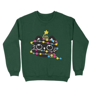 Bottle green sweatshirt featuring a festive black cat wrapped in pansexual pride-themed Christmas lights with a star on its head.