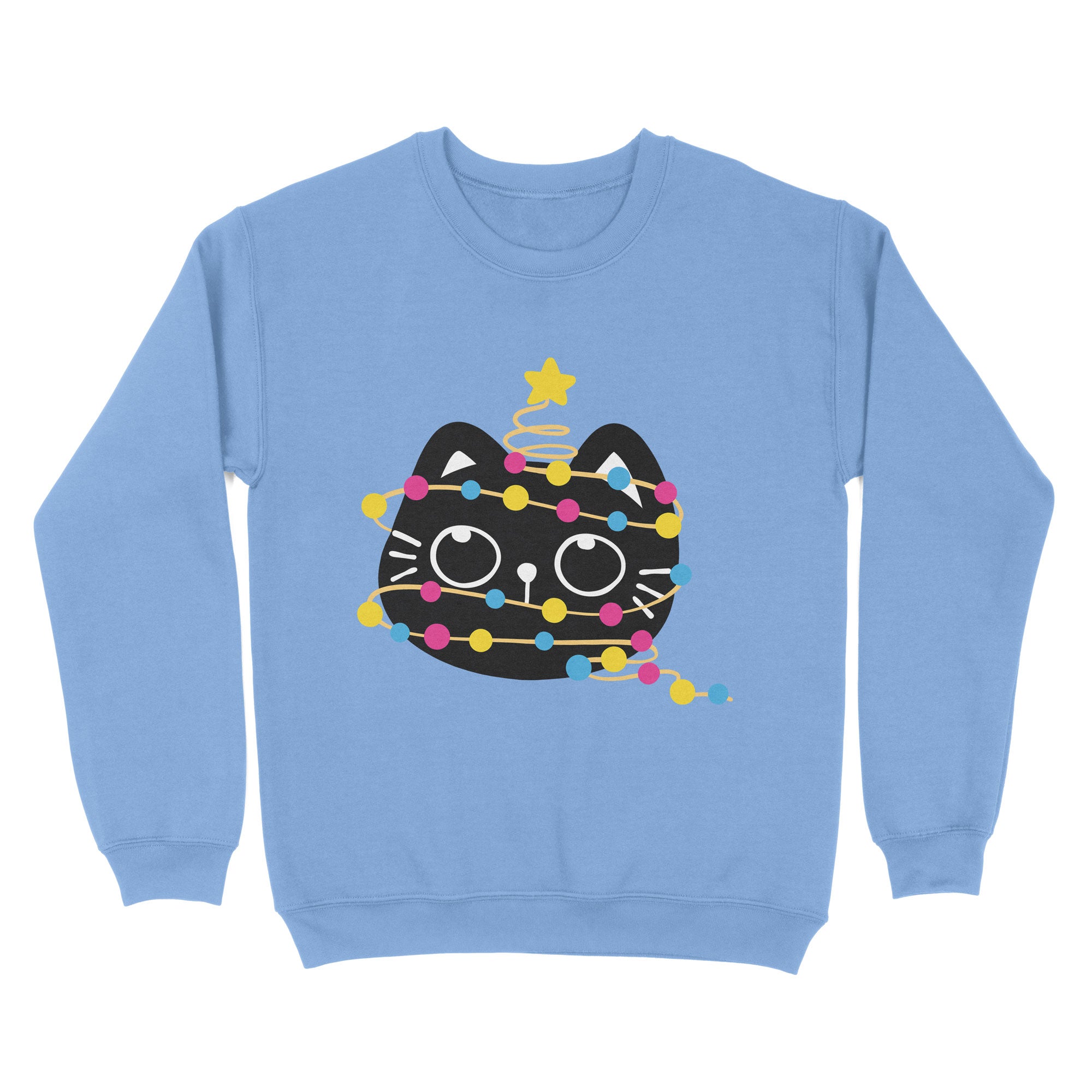Cornflower blue sweatshirt with a playful black cat wrapped in pansexual pride Christmas lights, complete with a star decoration.