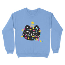 Load image into Gallery viewer, Cornflower blue sweatshirt with a playful black cat wrapped in pansexual pride Christmas lights, complete with a star decoration.