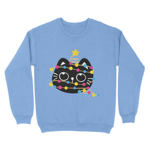 Cornflower blue sweatshirt with a playful black cat wrapped in pansexual pride Christmas lights, complete with a star decoration.