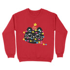 Fire red sweatshirt depicting a black cat adorned with pansexual pride lights, ready for Christmas with a star on its head.