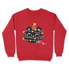 Load image into Gallery viewer, Fire red sweatshirt depicting a black cat adorned with pansexual pride lights, ready for Christmas with a star on its head.