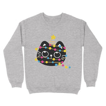 Load image into Gallery viewer, Heather grey sweatshirt showcasing a black cat entangled in pansexual pride-coloured Christmas lights, topped with a festive star.