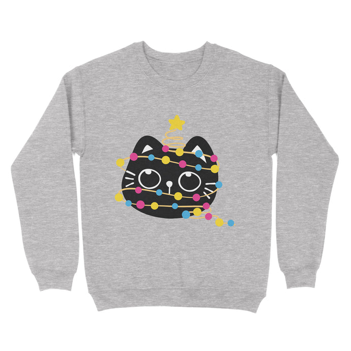 Heather grey sweatshirt showcasing a black cat entangled in pansexual pride-coloured Christmas lights, topped with a festive star.