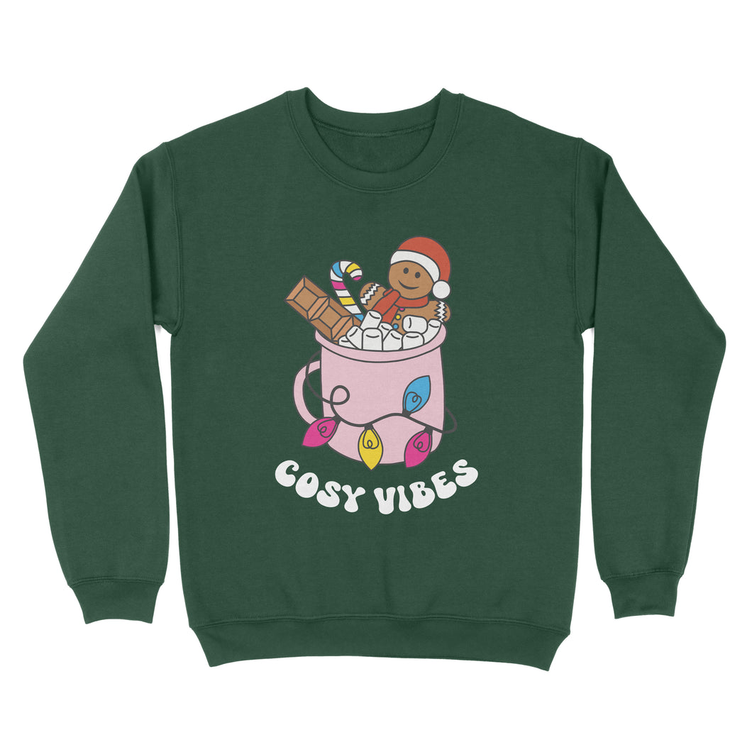 Bottle Green sweatshirt featuring retro text reading 'cosy vibes'. The image shows a mug of hot chocolate with marshmallows and a gingerbread man wearing a Santa hat. A candy cane in the mug and lights around the mug are the colours of the pansexual pride flag.