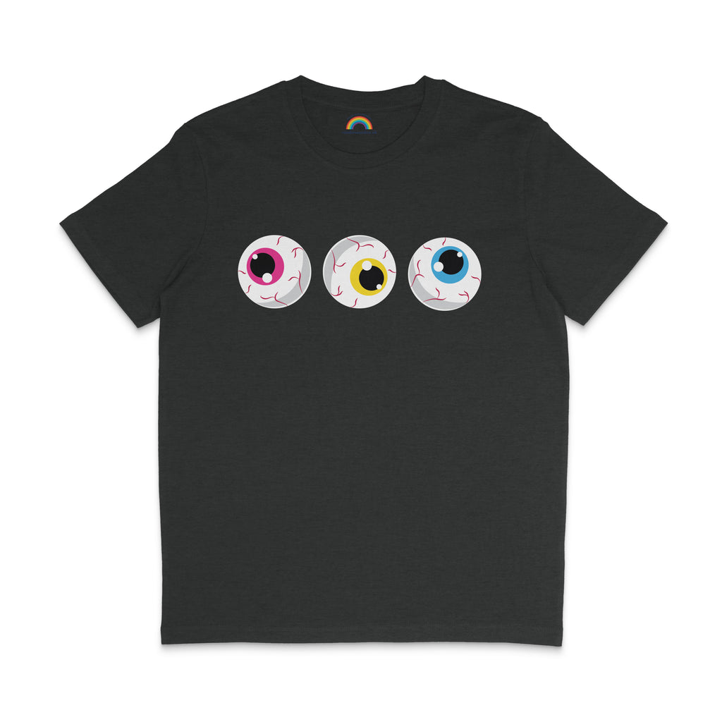 A dark heather grey t-shirt featuring three eyeballs with pink, yellow, and blue irises, symbolising the Pansexual pride flag colours. The eyeballs are illustrated with red veins and are evenly spaced across the front.