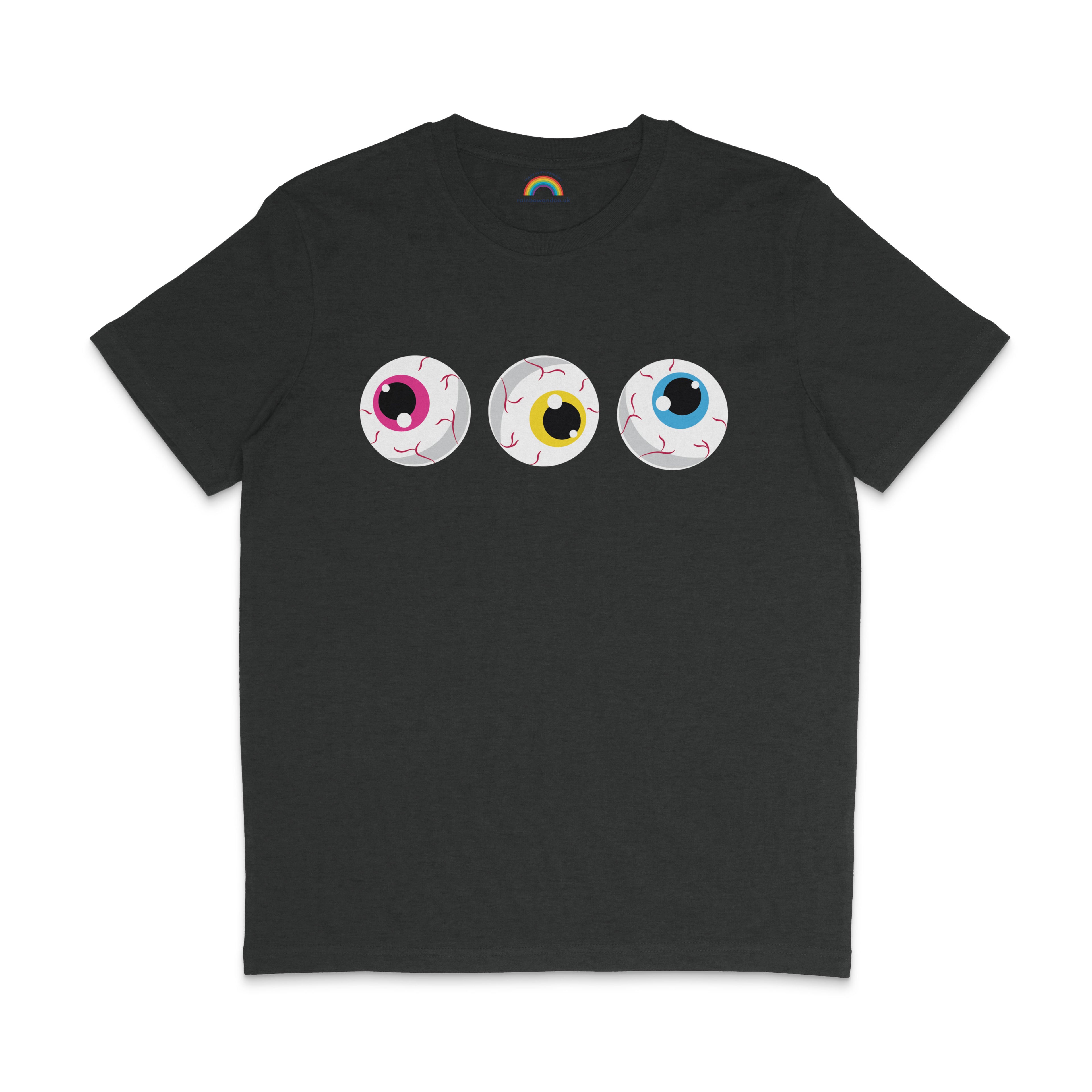 A dark heather grey t-shirt featuring three eyeballs with pink, yellow, and blue irises, symbolising the Pansexual pride flag colours. The eyeballs are illustrated with red veins and are evenly spaced across the front.