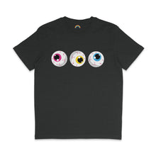 Load image into Gallery viewer, A dark heather grey t-shirt featuring three eyeballs with pink, yellow, and blue irises, symbolising the Pansexual pride flag colours. The eyeballs are illustrated with red veins and are evenly spaced across the front.