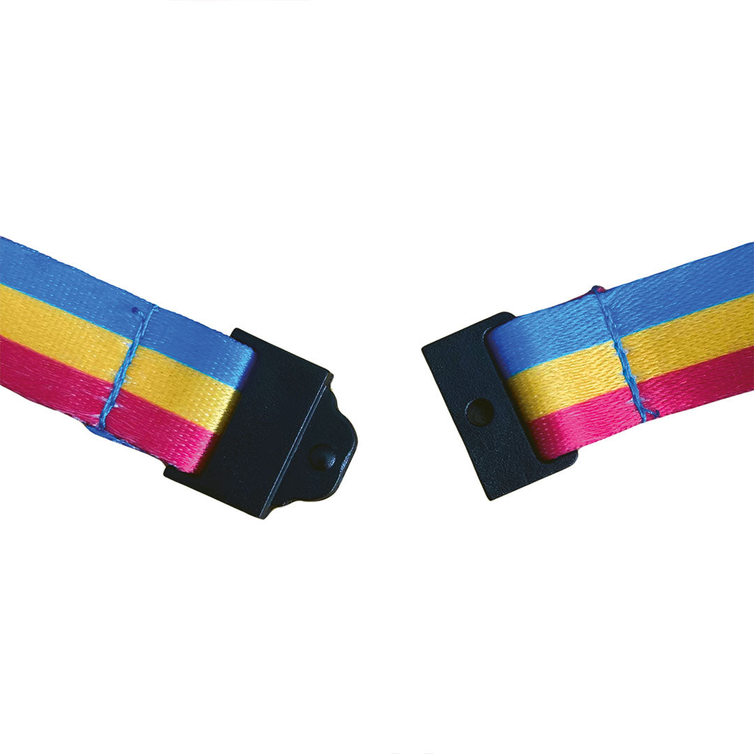 Close up of the safety break on a lanyard in the colours of the pansexual flag.
