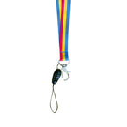 Lanyard in the colours of the pansexual flag with a dog clip attached to the bottom.