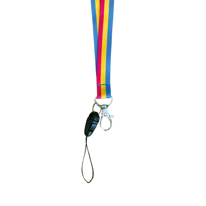Lanyard in the colours of the pansexual flag with a dog clip attached to the bottom.