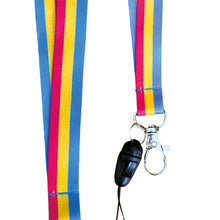 Load image into Gallery viewer, Close up of a lanyard in the colours of the pansexual flag with a dog clip attached to the bottom.