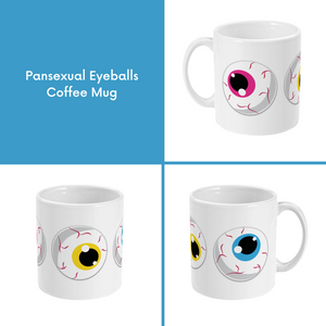 A composite image of a white coffee mug with a cartoon eyeball design in pansexual pride flag colours.