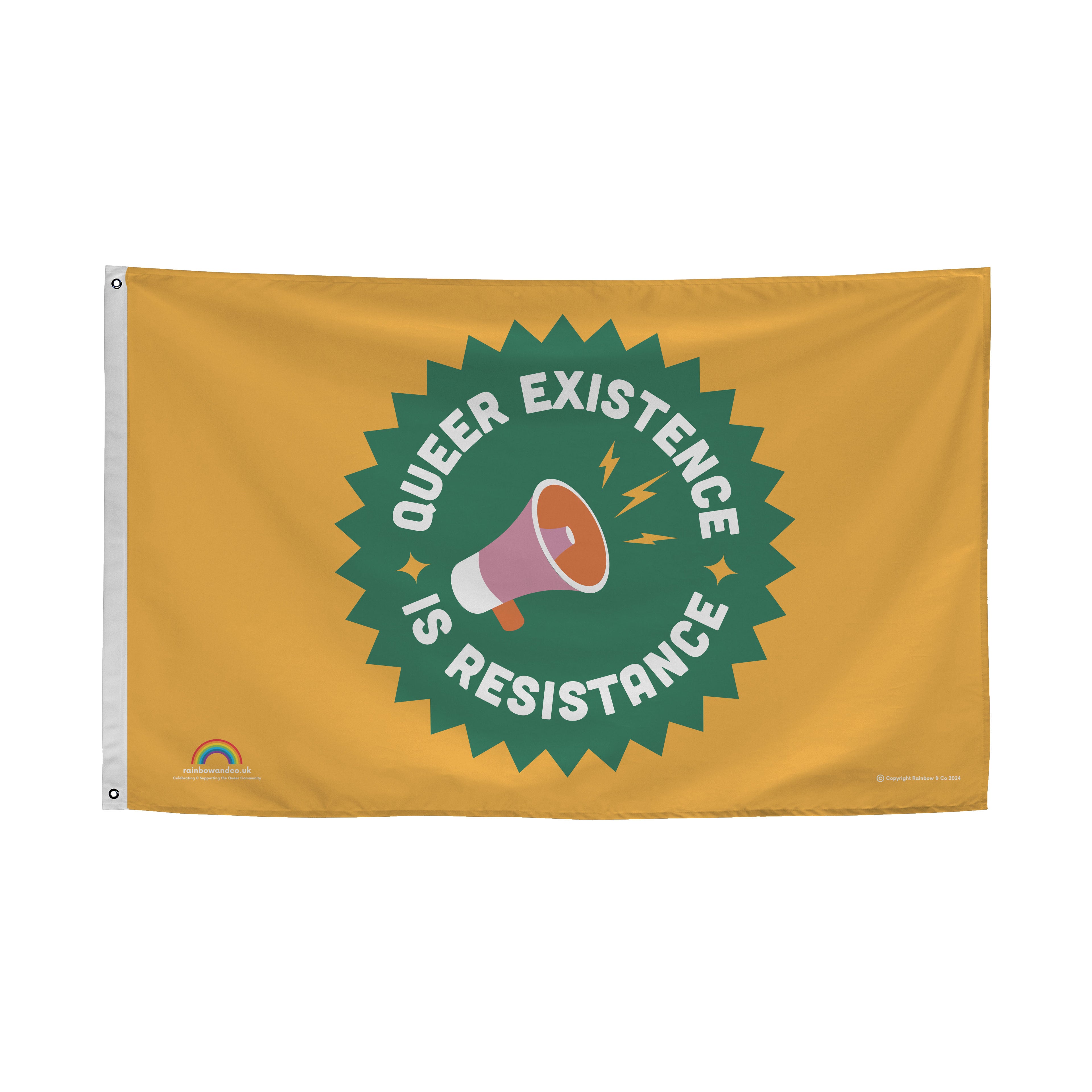 Flag with 'Queer Existence is Resistance' design on a yellow background
