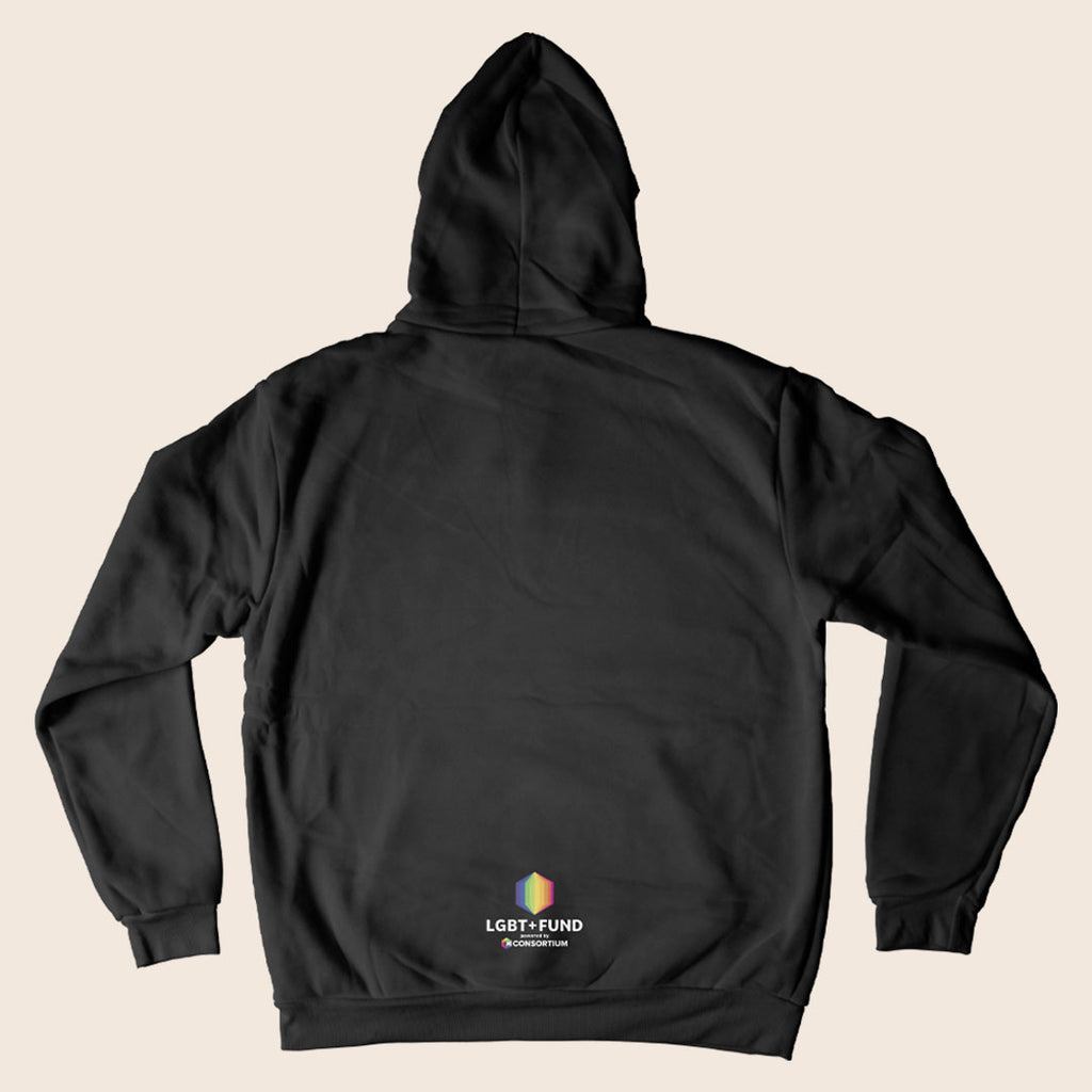 Back of a black hoodie featuring the LGBT+ Fund rainbow logo and “powered by Consortium” printed near the bottom hem.
