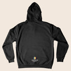 Back of a black hoodie featuring the LGBT+ Fund rainbow logo and “powered by Consortium” printed near the bottom hem.