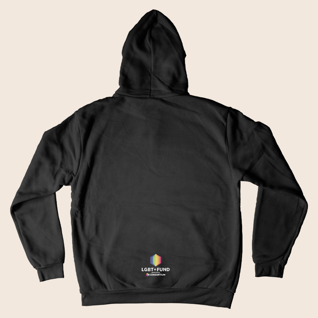 Back of a black hoodie featuring the LGBT+ Fund rainbow logo and “powered by Consortium” printed near the bottom hem.
