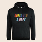 Black pullover hoodie with drawstring hood and kangaroo pocket, featuring colourful “Queer Joy & Hope” text across the chest.