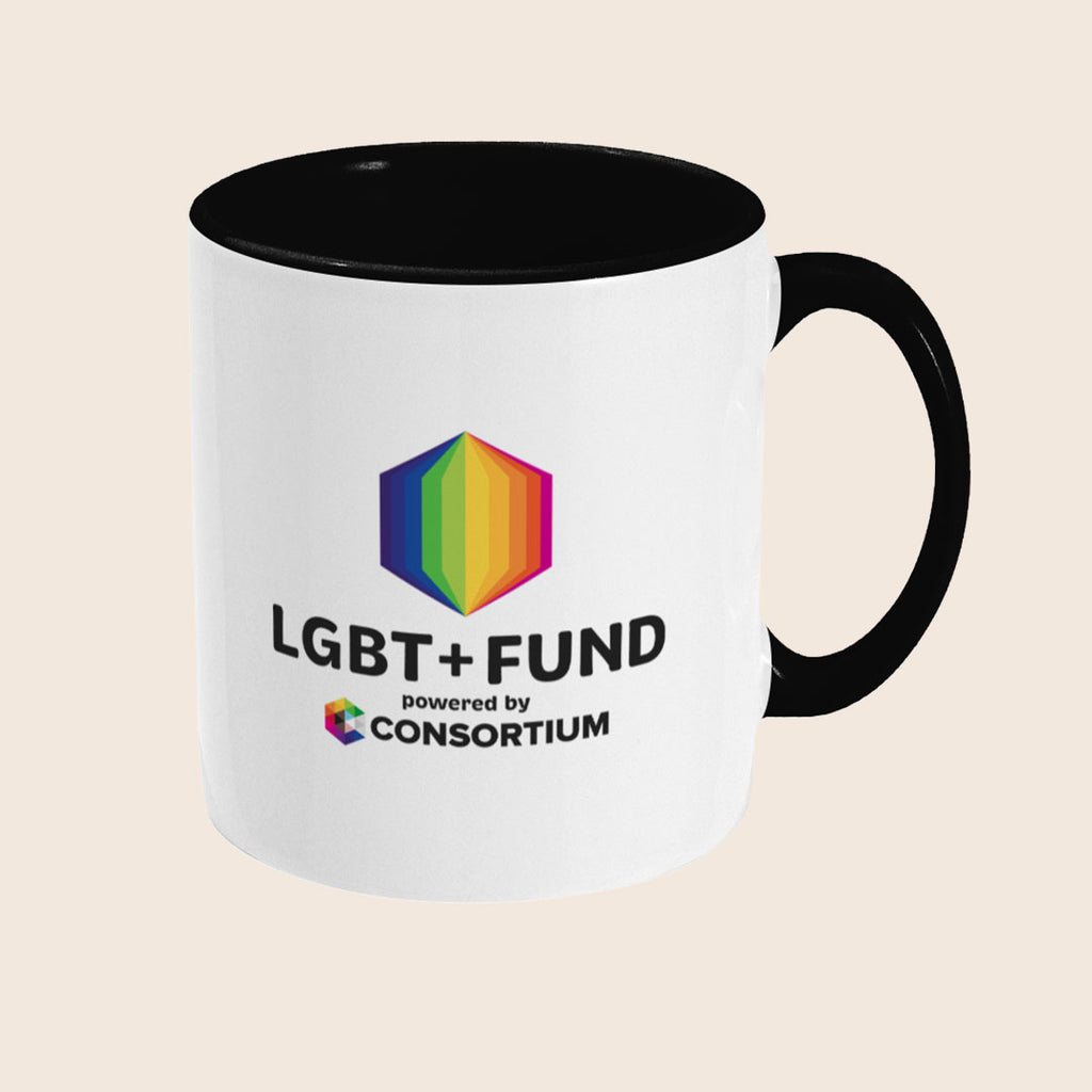 Right side of a White mug with black handle and interior featuring the LGBT+ Fund Powered By Consortium logo.