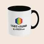 Right side of a White mug with black handle and interior featuring the LGBT+ Fund Powered By Consortium logo.