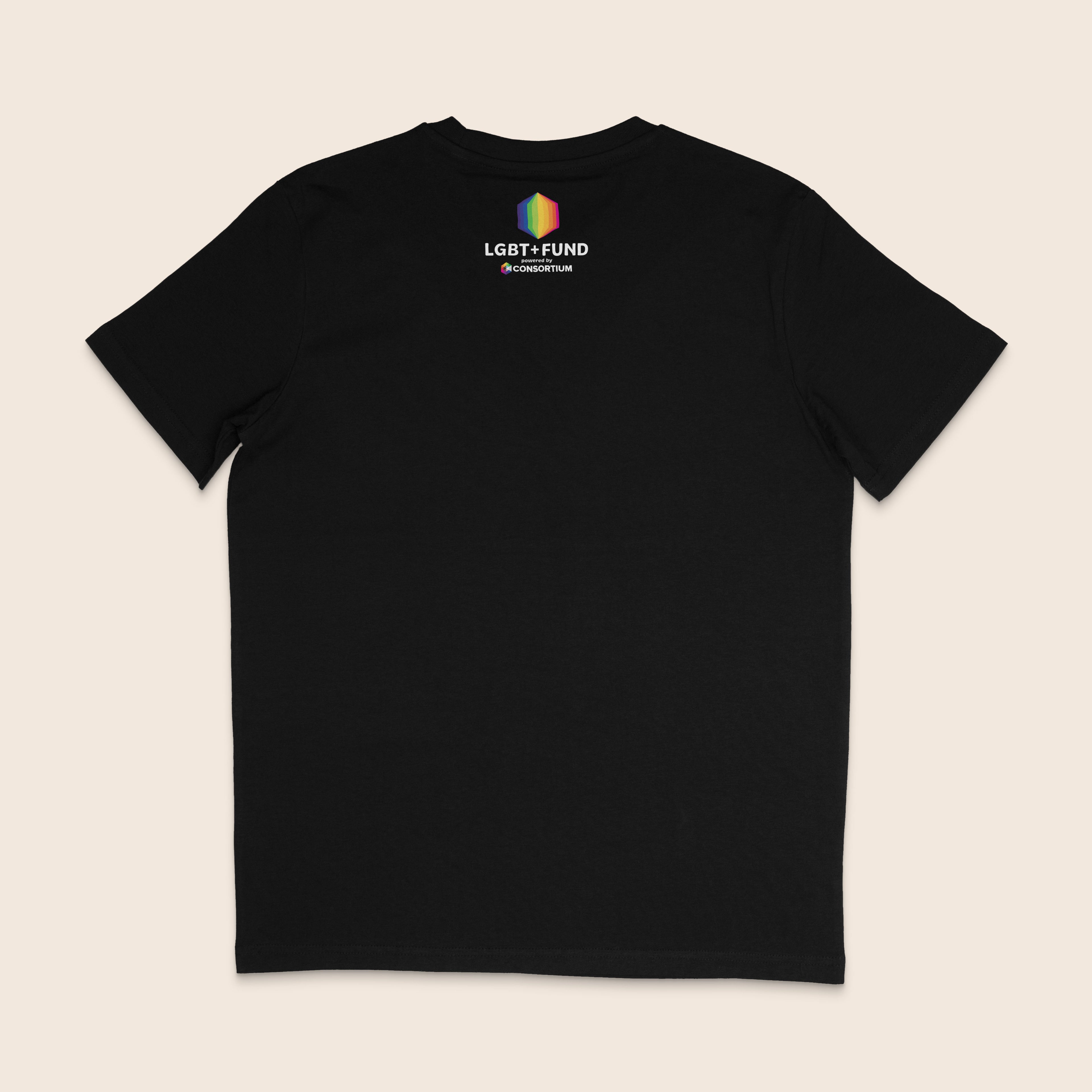Back of a black T-shirt featuring the LGBT+ Fund logo below the neckline, with a rainbow geometric icon and “powered by Consortium” underneath.
