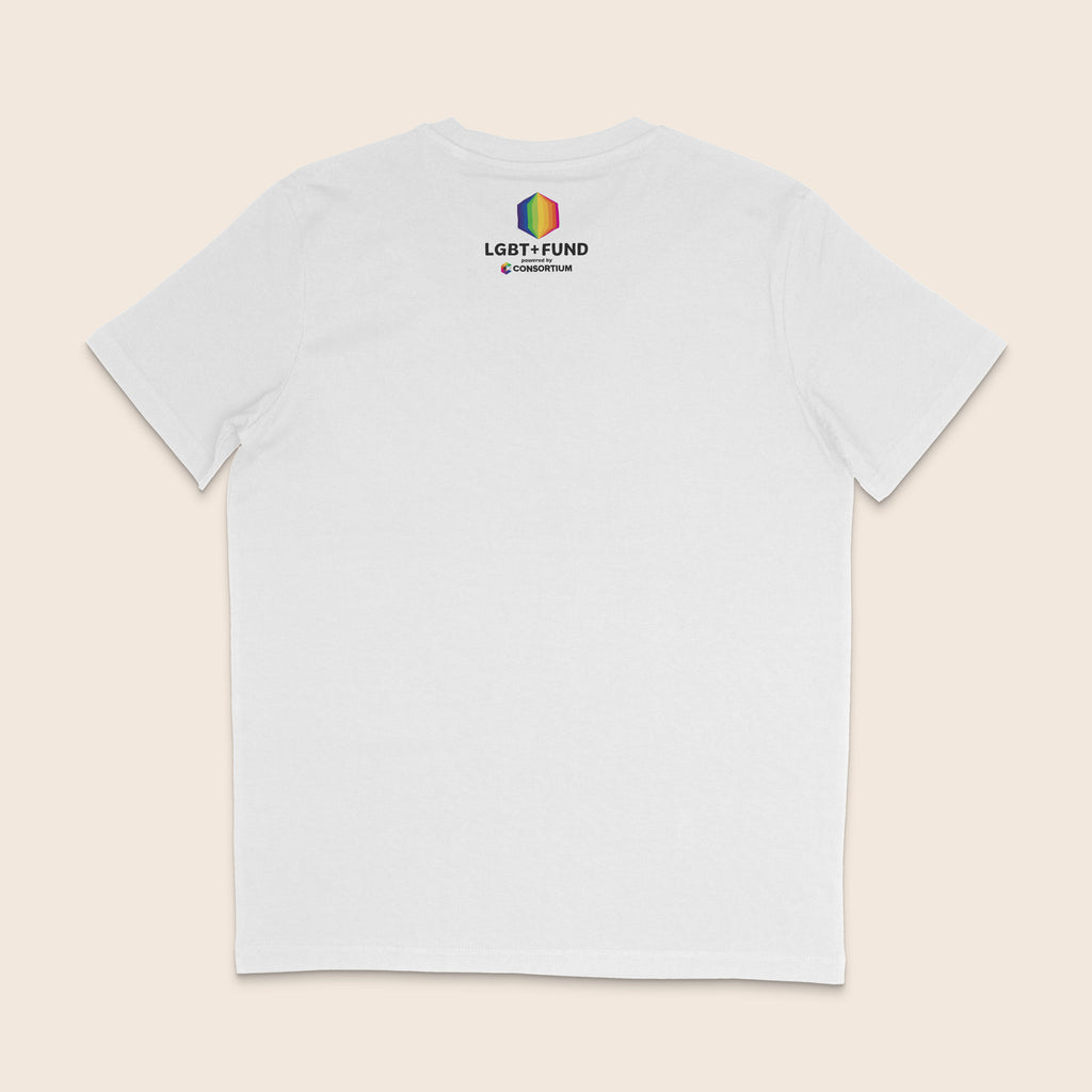 Back of a white T-shirt featuring the LGBT+ Fund logo below the neckline, with a rainbow geometric icon and “powered by Consortium” underneath.