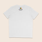 Back of a white T-shirt featuring the LGBT+ Fund logo below the neckline, with a rainbow geometric icon and “powered by Consortium” underneath.