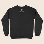 Back of a black sweatshirt featuring the LGBT+ Fund logo below the neckline, with a rainbow geometric icon and “powered by Consortium” underneath.