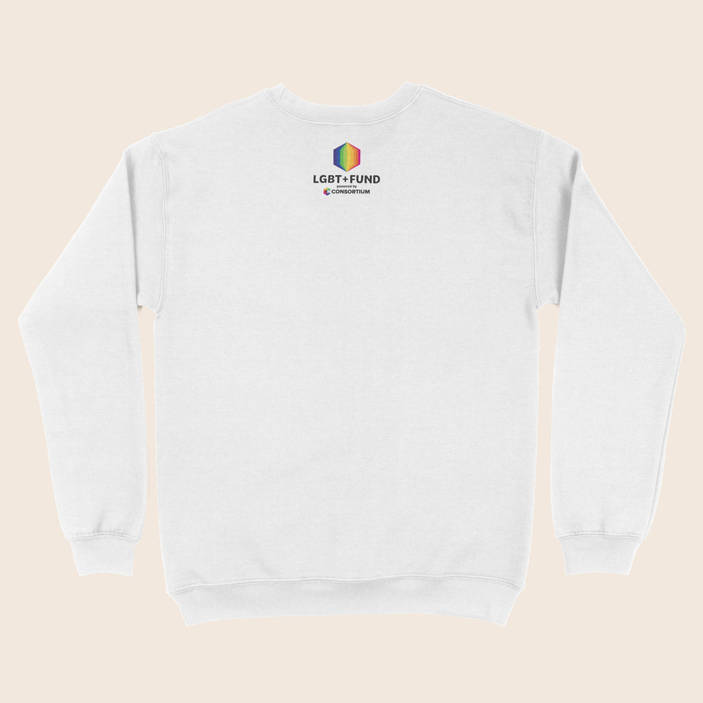 Back of a white sweatshirt featuring the LGBT+ Fund logo below the neckline, with a rainbow geometric icon and “powered by Consortium” underneath.