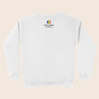 Back of a white sweatshirt featuring the LGBT+ Fund logo below the neckline, with a rainbow geometric icon and “powered by Consortium” underneath.