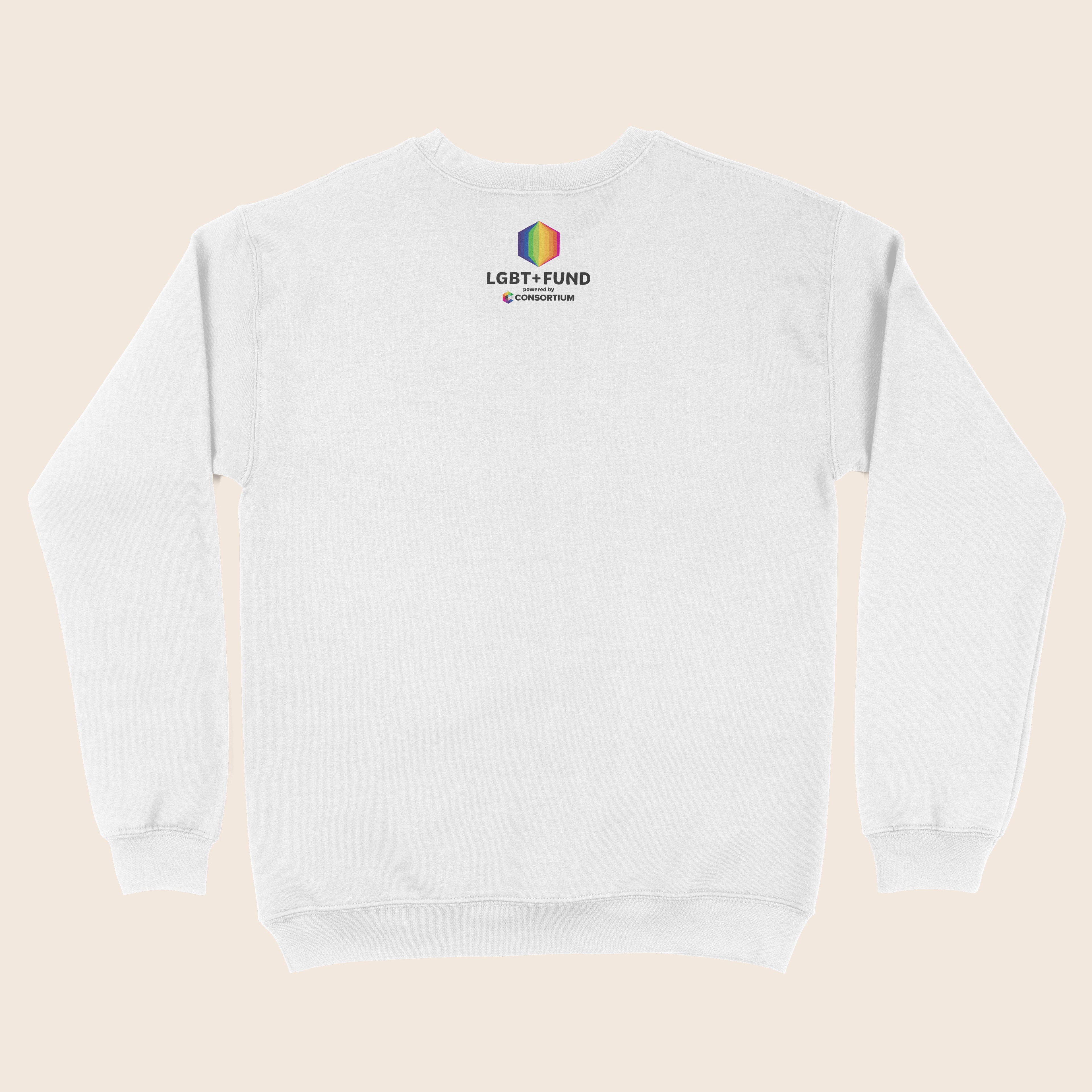 Back of a white sweatshirt featuring the LGBT+ Fund logo below the neckline, with a rainbow geometric icon and “powered by Consortium” underneath.