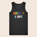 Black sleeveless vest featuring colourful “Queer Joy & Hope” text across the chest in rainbow, blue, pink and white lettering.