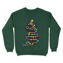 Load image into Gallery viewer, Bottle green sweatshirt featuring a playful black cat wrapped in rainbow-coloured Christmas lights, with a star ornament on its tail.