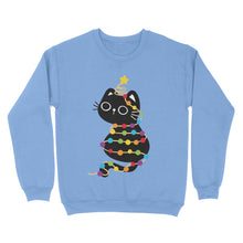 Load image into Gallery viewer, Cornflower blue sweatshirt with a black cat covered in rainbow Christmas lights, a star perched on its tail for a festive touch.