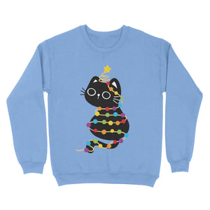 Cornflower blue sweatshirt with a black cat covered in rainbow Christmas lights, a star perched on its tail for a festive touch.