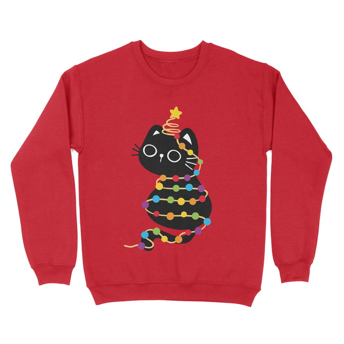 Fire red sweatshirt adorned with a black cat entangled in rainbow-coloured holiday lights, its tail topped with a star.