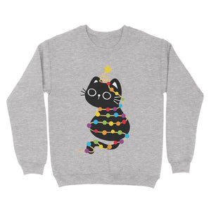 Heather grey sweatshirt showcasing a cute black cat tangled in rainbow festive lights, topped with a star decoration on its tail.