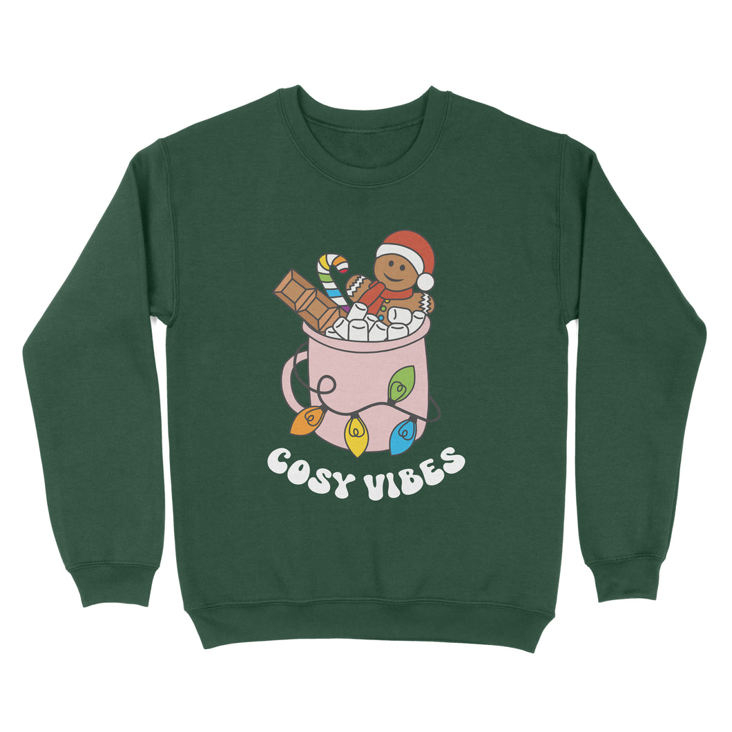 Bottle Green sweatshirt featuring retro text reading 'cosy vibes'. The image shows a mug of hot chocolate with marshmallows and a gingerbread man wearing a Santa hat. A candy cane in the mug and lights around the mug are the colours of the rainbow pride flag.