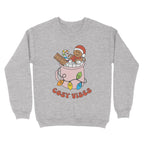 Heather Grey sweatshirt featuring retro text reading 'cosy vibes'. The image shows a mug of hot chocolate with marshmallows and a gingerbread man wearing a Santa hat. A candy cane in the mug and lights around the mug are the colours of the rainbow pride flag.