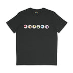A dark heather grey t-shirt showcasing a row of seven cartoon eyeballs, each with a different coloured iris representing the colours of the Rainbow pride flag. The eyeballs have an eerie design with red veins.