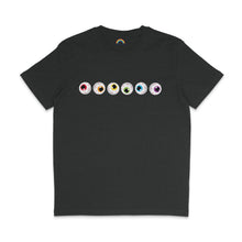 Load image into Gallery viewer, A dark heather grey t-shirt showcasing a row of seven cartoon eyeballs, each with a different coloured iris representing the colours of the Rainbow pride flag. The eyeballs have an eerie design with red veins.