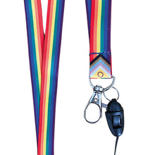 Load image into Gallery viewer, Close up of a lanyard in the colours of the intersex inclusive progress flag with a dog clip attached to the bottom.