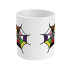 A front view of a white ceramic mug displaying two colourful rainbow spider webs on either side, without the spider. The webs are filled with pride flag colours, adding a vibrant, inclusive touch to the mug design.