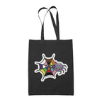 A black tote bag featuring a cute cartoon spider in front of a spider web coloured in the rainbow pride flag colours: red, orange, yellow, green, blue, purple, black, and brown.